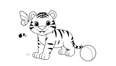 Placa de color de un tigre sonriente listo para colorear con una mariposa y una pelota.