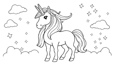 Placa de color de un unicornio mágico volando entre nubes estrelladas.