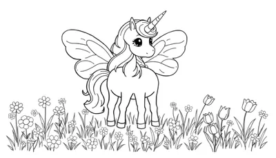 Placa de color de un unicornio con alas de mariposa entre flores.