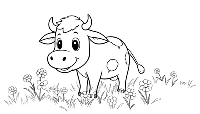 Una vaca sonriente para colorear en una placa de color con flores.