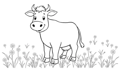 Dibujo lineal de una vaca sonriente lista para colorear con flores en el campo.