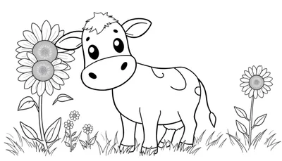 Una vaca amigable para colorear con girasoles, en una placa de color.