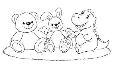 Placa de color con un oso, un conejo y un dinosaurio de peluche amigables sentados en el césped.