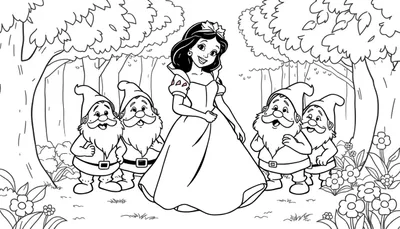 Blancanieves y los siete enanitos sonrientes en un bosque, como en una placa de color para niños.