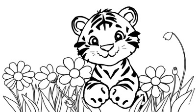 Placa de color de un cachorro de tigre amigable sentado entre flores.