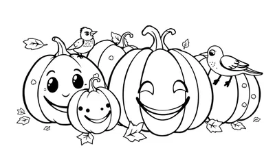 Placa de color de calabazas sonrientes y pájaros curiosos.