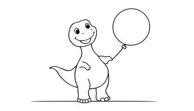 Placa de color de un dinosaurio sonriente con un globo.