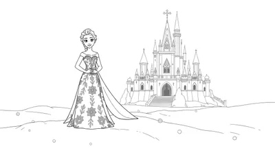 Elsa del dibujo de la placa de color con su vestido de hielo frente a un castillo de hielo, rodeada de nieve.