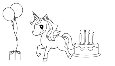 Placa de color de un unicornio de cumpleaños con globos y pastel.