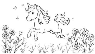 Placa de color: un unicornio sonriente con alas revolotea entre flores y mariposas, listo para ser pintado.