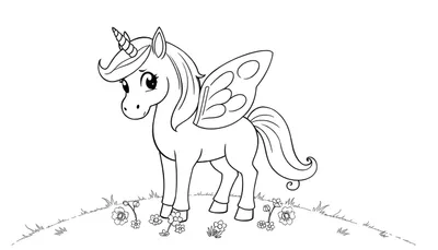 Placa de color de unicornio alado con melena brillante y alas de mariposa.