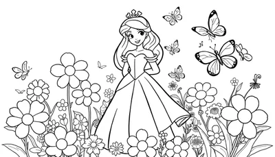 Placa de color: Princesa de Disney rodeada de flores y mariposas.