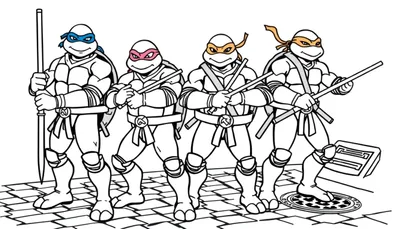 Placa de color de las Tortugas Ninja con sus armas.