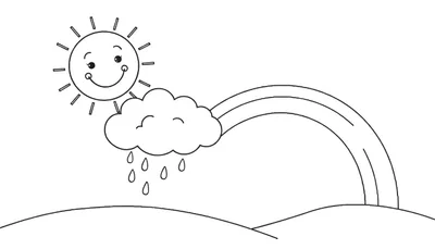 Página para colorear de elementos del clima con sol sonriente, nube, lluvia y arcoíris, lista para colorear.