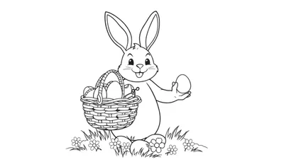 Placa de color de un conejo de Pascua amigable con una canasta de huevos.