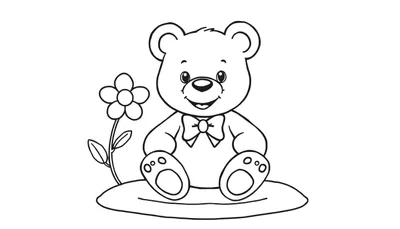 Osito de peluche sentado junto a una flor, listo para colorear. Página para colorear.