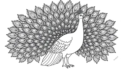 Un pavo real detallado en blanco y negro para colorear, con la cola desplegada como una placa de color.