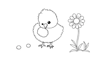 Placa de color de un pollito tierno picoteando una semilla con huevos y una flor cerca en un jardín soleado.