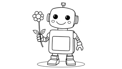 Placa de color de un robot simpático haciendo un dibujo de una flor.