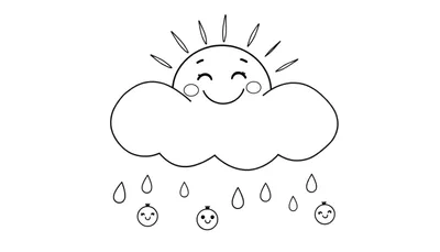 Placa de color con un sol sonriente y una nube amigable con gotas de lluvia y criaturas redondas.