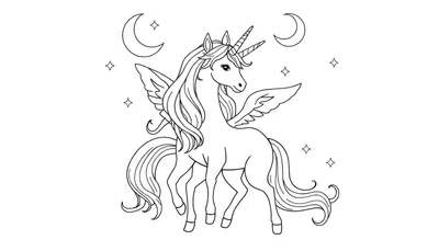 Un unicornio alado listo para colorear en una placa de color celestial.