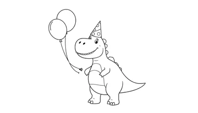 Una placa de color para colorear de un dinosaurio feliz con sombrero de fiesta y globos.