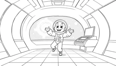 Placa de color: niño astronauta sonriendo bailando en nave espacial futurista.
