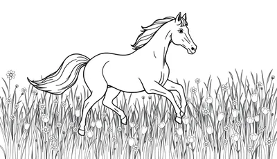 Una placa de color de un caballo blanco galopando en un campo de flores.