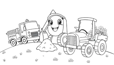 Página para colorear de vehículos de trabajo infantiles en una colina, incluyendo un camión de bomberos, una excavadora y un tractor, lista para colorear con placa de color.