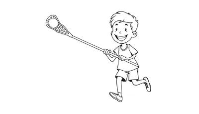 Una placa de color en blanco y negro de un niño con el pelo puntiagudo sonriendo y jugando al lacrosse.