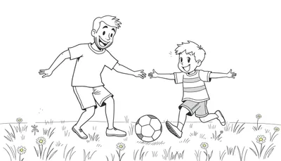 Placa de color de un padre y un hijo pateando un balón de fútbol.