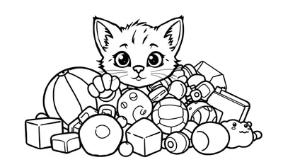 Placa de color: Gatito adorable explorando juguetes