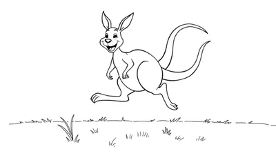 Un canguro de dibujos animados sonriente saltando sobre hierba, listo para colorear.