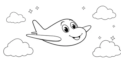 Un avión de dibujos animados sonriendo con alas y cola, rodeado de nubes y estrellas, listo para ser coloreado en esta placa de color.