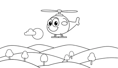 Placa de color para colorear de un helicóptero amigable volando sobre un paisaje de colinas con sol y nubes.