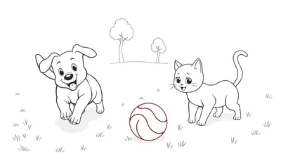 Placa de color: Un perro y un gato jugando a la pelota en un campo verde.