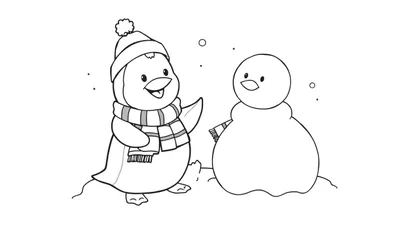 Placa de color para niños: un pingüino amigable saludando junto a un muñeco de nieve, con copos de nieve cayendo.