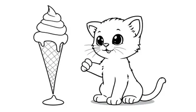Placa de color de un gatito adorable saludando a un gran cono de helado.