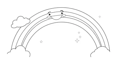 Placa de color de un arcoíris sonriente con nubes y estrellas