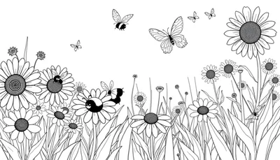 Placa de color de un campo de flores con abejas y mariposas