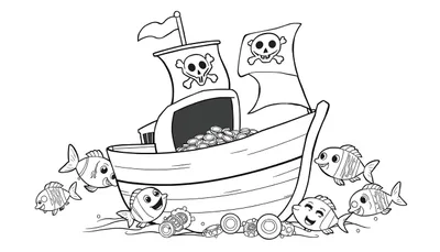 Placa de color: Un barco pirata con calaveras en las velas y monedas de oro en la cubierta, rodeado de peces amigables.