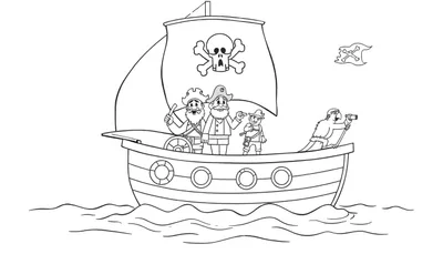 Un barco pirata dibujado en blanco y negro con una calavera en la vela y piratas y un loro buscando el horizonte con un telescopio, listo para ser coloreado con una placa de color.