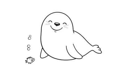 Placa de color de una foca sonriente con un pez y burbujas.