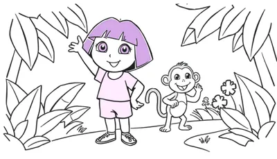 Dora y Boots saludando en la selva para colorear, placa de color.