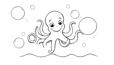 Una placa de color de un pulpo sonriente jugando entre burbujas.