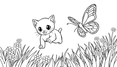 Placa de color: un gatito persigue una mariposa entre flores.