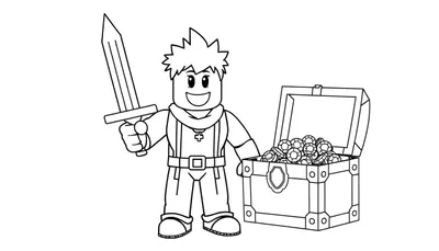 Placa de color: avatar de Roblox con espada y cofre del tesoro.