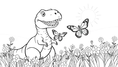 Placa de color de un T-Rex sonriente rodeado de flores y mariposas bajo un sol radiante.