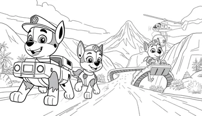 Placa de color de la Patrulla Canina con Marshall en un vehículo, Chase corriendo y Skye en un helicóptero en un paisaje montañoso.