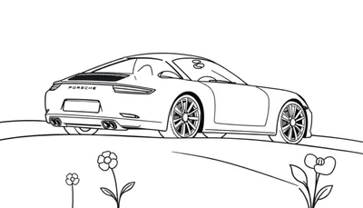 Un coche deportivo Porsche en blanco y negro para colorear, con flores de margarita en primer plano.
